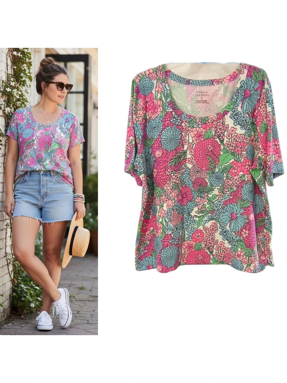 The Talbots Floral Tee  2X Short Sleeve Scoop Neck Top Multicolor Spring Casual